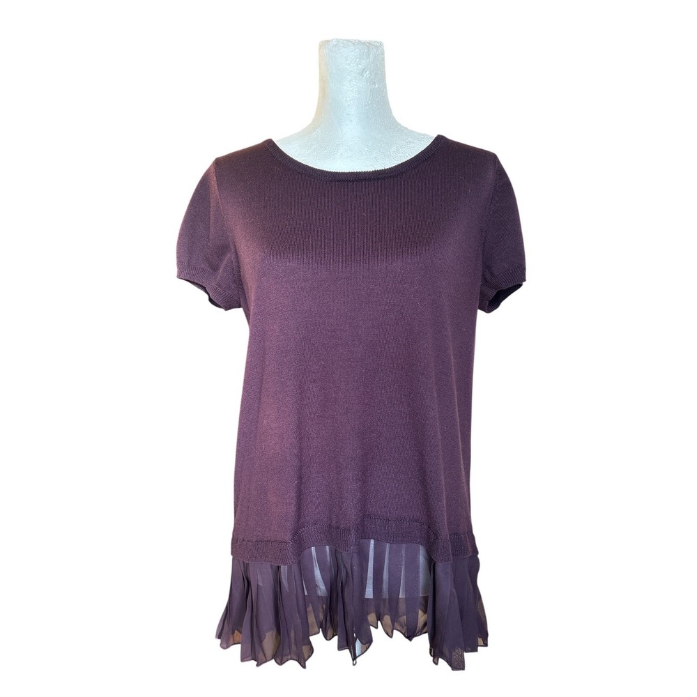 APT 9  Short Sleeve Knit Top with Pleated Chiffon‎ Ruffle Hem, Purple